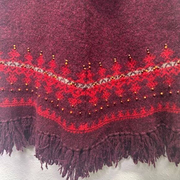 SO GSJC Women's Vintage Lambswool Hooded Poncho Red Fringe Fair Isle Beaded OS - Picture 8 of 12